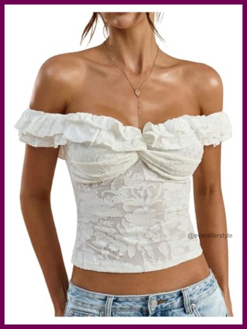Lace Off Shoulder Sheer Mesh Ruffle Crop Top Shirt